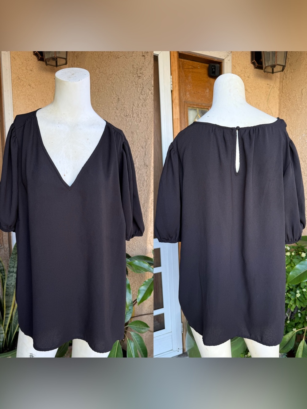 LC Lauren Conrad Black V-Neck Puff Sleeve Blouse (XL)